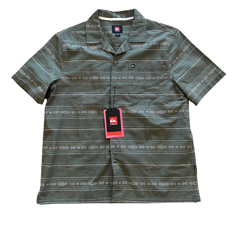Quiksilver Mens Dusty Olive Duo Striped Short Sleeve Button Up Shirt Medium NWT